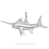 Sterling Silver White Marlin Pendant High Polished Mirror Finish With Blue Sapphire Eye with A Mariner Shackle Bail Custom Designed By Nautical Treasure Jewelry In The Florida Keys Open